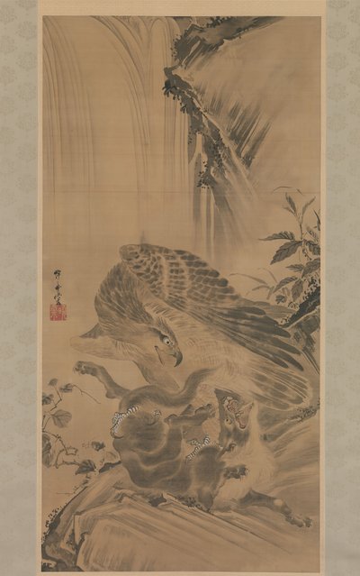 Ørn angriber en bjergløve, 1885. af Kawanabe Kyosai