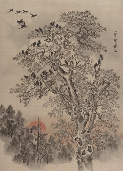 Flok krager ved Dawn, ca. 1887. af Kawanabe Kyosai