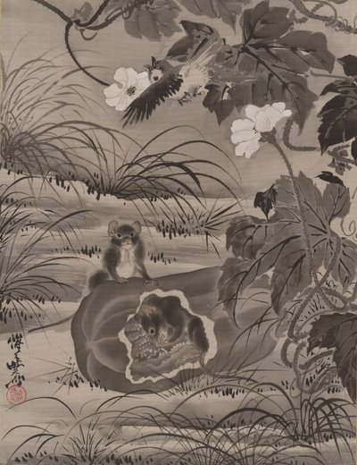 Mus i en melon, ca. 1887. af Kawanabe Kyosai
