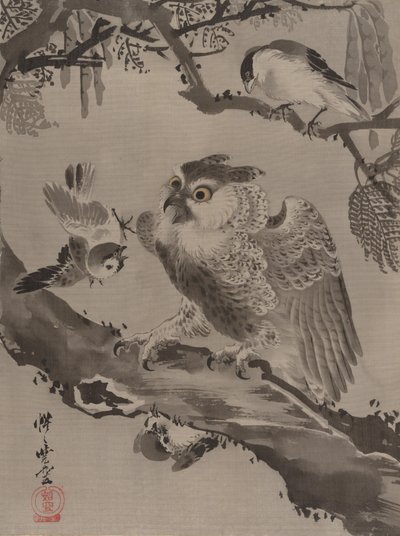 Ugle hånet af småfugle, ca. 1887. af Kawanabe Kyosai