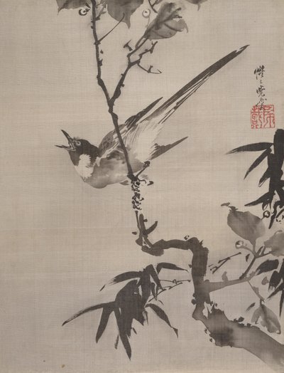 Syngende fugl på en gren, ca. 1887. af Kawanabe Kyosai