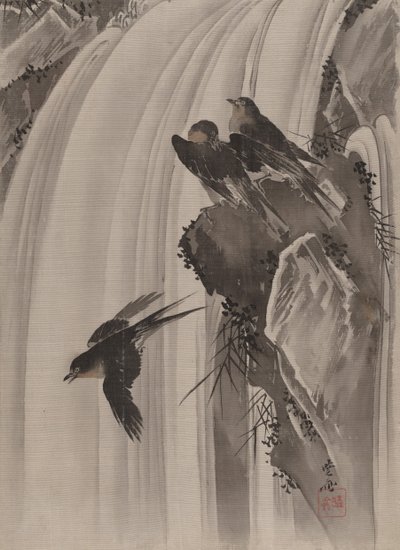 Svaler ved et vandfald, ca. 1887. af Kawanabe Kyosai