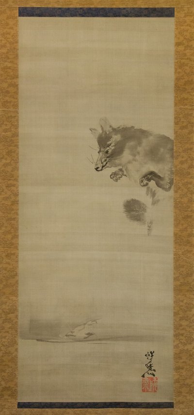 Tanuki mårhund, der ser sin refleksion i vand, slutningen af det 19. århundrede. af Kawanabe Kyosai