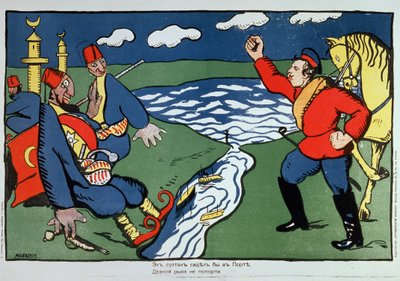 Nå, Sultan ... (Nå, Sultan). Satire af konflikten mellem Tyrkiet og Rusland under den første verdenskrig (1914-1918). Arbejde af Kasimir Severinovich Malevitch (Malevich, Malevic) (1878-1935), litografi (plakat) af Kazimir Severinovich Malevich