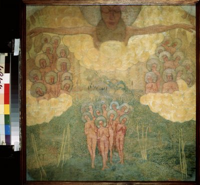 Skitse til en fresco. Himlens triumf. (Skitse til et freskomaleri. Himlens triumf). En gruppe nøgne helgener rykker frem i en paradisisk have, deres hænder foldet i bøn, over dem er helgener installeret i skyerne, af Kazimir Severinovich Malevich