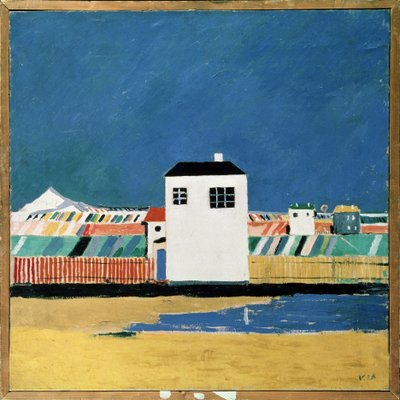 Landskab med et hvidt hus. Maleri af Kasimir Severinovich Malevitch (Malevich, Malevic) (1878-1935), olie på lærred, ca. 1930. Russisk kunst, 20. århundrede, avantgarde, suprematisme, konstruktivisme. Det russiske statsmuseum, af Kazimir Severinovich Malevich