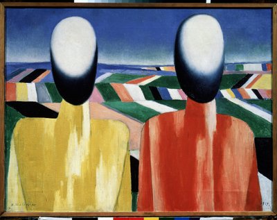 Bønder (Bønder). To ansigtsløse hoveder foran et landskab af dyrkede marker. Maleri af Kasimir Severinovich Malevitch (Malevich, Malevic) (1878-1935), olie på lærred, omkring 1930. Russisk kunst, avantgarde, 20. århundrede, suprematisme. Russisk statsmuse af Kazimir Severinovich Malevich