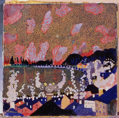 Lille by. Maleri af Kasimir Severinovich Malevich (Malevich, Malevic) (1878-1935), olie på pap af Kazimir Severinovich Malevich