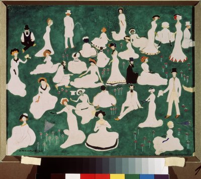 Lempelse. Højt samfund i høje hatte. (Afslappende. High Society in Top Hats). Scene med sjov og afslapning på græsplænen i en park. Værk af Kasimir Severinovich Malevitch (Malevich, Malevic) (1878-1935), akvarel, gouache og blæk på af Kazimir Severinovich Malevich