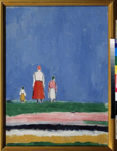 Tre figurer (tre figurer). En mor med to børn, repræsenteret bagfra. Maleri af Kasimir Severinovich Malevitch (Malevich, Malevic) (1878-1935), olie på lærred 1913 eller efter 1927. Russisk kunst, 20. århundredes avantgarde, suprematisme. Samling s af Kazimir Severinovich Malevich