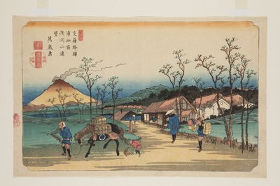 Nr. 4, Urawa Station: Fjernsyn over Asama-bjerget (Urawa shuku, Asamayama enb?) (tryk i farvet træblok) af Keisai Eisen