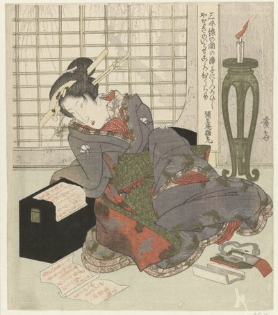 En geisha læner sig op ad sin shamisens æske af Keisai Eisen