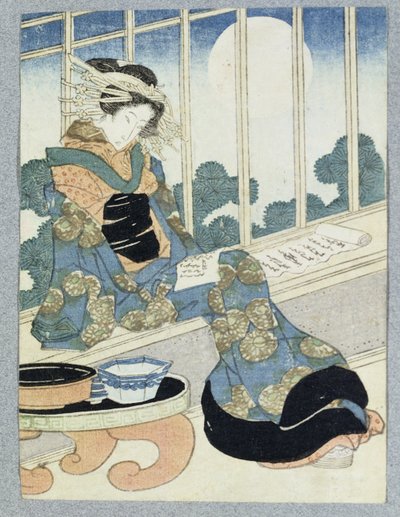 Japanese Lady Reading by Moonlight (træbloktryk) af Keisai Yeisen