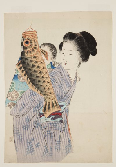 Carp Streamer (Koi no bori) (farvet træbloktryk) af Keishu Takeuchi