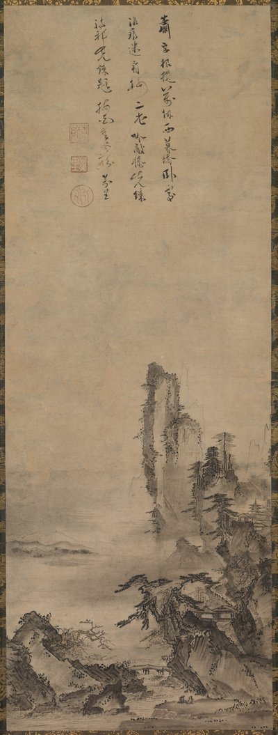 Ensomt tempel og tårnhøje klippe, ca. 1480. af Kenkō Shōkei