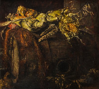 Gammel tønde og majskolber (olie på lærred) af Kenneth Newton