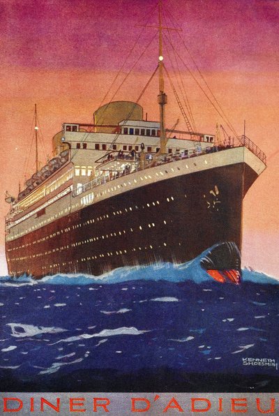 Forsiden af et passagerskibs menu til afskedsmiddag, der forestiller skibet set under stævnen, hvor det sejler under en himmel oplyst af den nedgående sol. af Kenneth Shoesmith