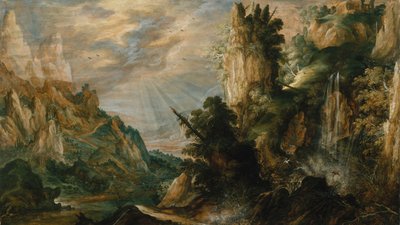 Et bjergrigt landskab med et vandfald, ca. 1600. af Kerstiaen de Keuninck