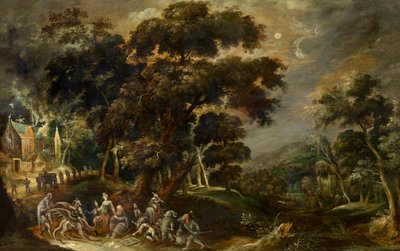 Landskab med Sankt Antonius den Stores fristelse af Egypten (olie på panel) af Kerstiaen de Keuninck