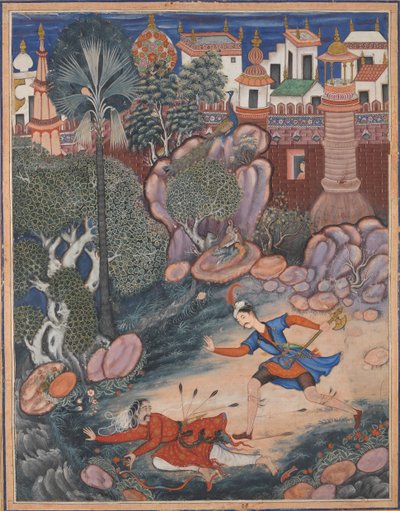 Umar går rundt i Fulad Castle, møder en fodsoldat og sparker ham til jorden..., ca. 1570. af Kesav Das