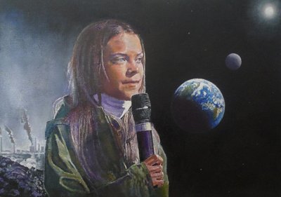 Greta puhuu (Wake Up Humanity!), 2022 (maalaus) af Kevin Parrish