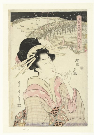 Aftenglød på Ryogoku Ryogoku no sekisho (titel på objekt) Otte ansigter af berømte steder og skønheder i Edo (serietitel) Edo meisho bijin hakkei (serietitel) af Kikugawa Eizan