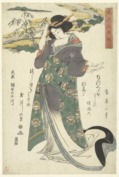 De Chofu Tama-rivier i Musashi-provinsen Musashi Chofu no Tamagawa (titel på objekt) De elegante zes Tama rivieren (serietitel) Furyu Mu Tamagawa (serietitel på objekt) af Kikugawa Eizan