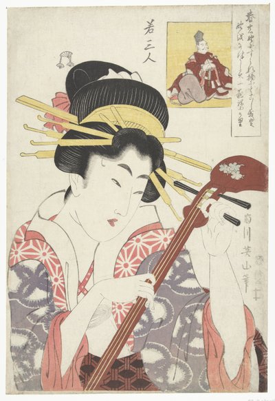 Kvinde med shamisen Tre unge digtere (serietitel) Waka sanjin (serietitel på objekt) af Kikugawa Eizan