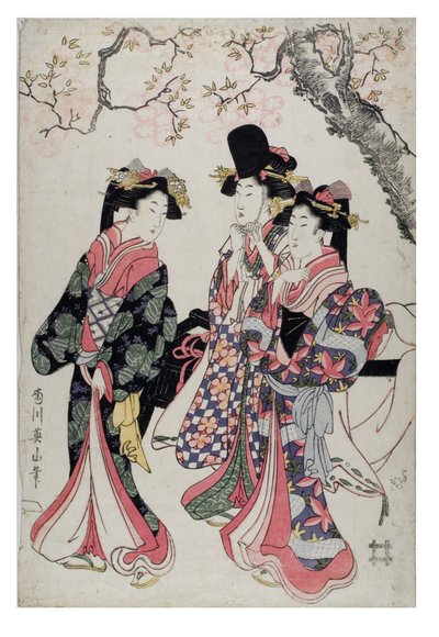 Tre kurtisaner går under et blomstrende kirsebærtræ. Klædt i hofdragt, ca. 1790-1815 (træsnit på papir) af Kikugawa Eizen