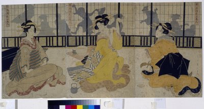 Festival for de tre skønheder. (De tre skønheders fest). Gruppe på tre kurtisaner (geisha, geiko) fra Edo-perioden eller Tokugawa-perioden (1600-1868) i et tehus (ochaya). Værk af Kikukawa Eizan (1787-1867), træsnit (tryk) 1814. Kunst i af Kikukawa Eizan