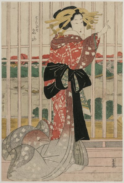 Courtesane Meizan fra Chojiya på en balkon med udsigt over Sumida-floden af Kikukawa Eizan