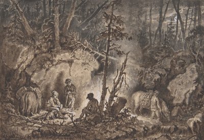 Jægere hvilende i en skov om natten, 1830-60. af Kilian Christoffer Zoll