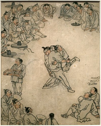 Scene med traditionel brydning med tilskuere og en konfekturesælger. Maleri af Danwon (Kim Hongdo) (1745-1806), blæk på papir, Coreen-kunst, periode Joseon (Choson) 1700-tallet. Koreas Nationalmuseum, Seoul (Sydkorea). af Kim Hong Do