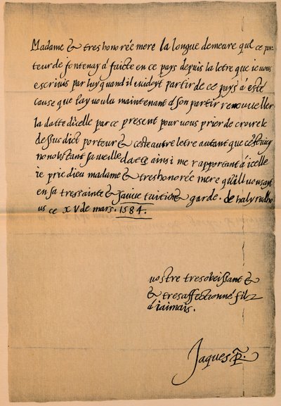 Brev fra kong James VI 1566-1625 til hans mor, dronning Mary 1542-1587, 1584-5 af King James I