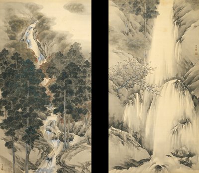 Vandfald i forår og efterår Sæt med to hængende ruller, 1893 af Kishi Chikudo
