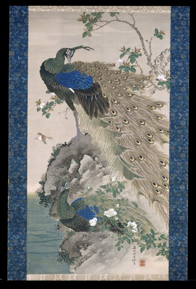 Cherry-Apple And Peacocks On Rock (blæk og farver på silke) af Kishi Ganku