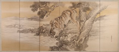Seksfoldet skærm forestillende en drikkende tiger, 1749-1838 af Kishi Ganku