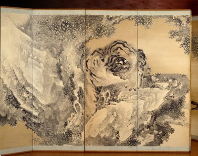 Seksfoldet skærm, der forestiller en brølende tiger af Kishi Ganku