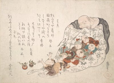 Hotei åbner sin taske, som er fuld af små drenge, ca. begyndelsen af det 19. århundrede. af Kita Busei