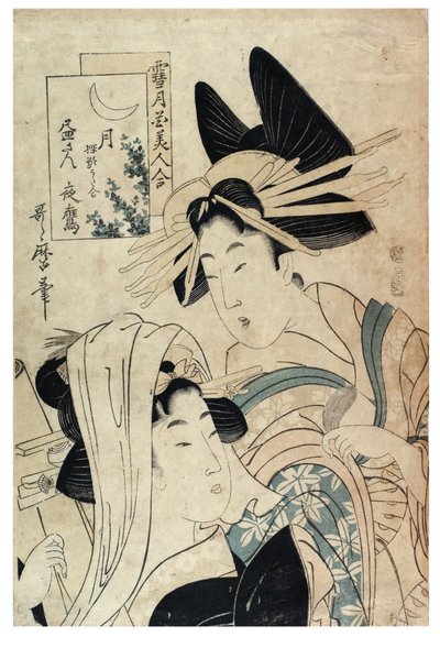 Moon fra serien Snow, Moon and Flowers sammenlignet med Beautiful Women af Kitagawa II Utamaro