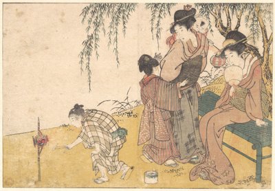 Et barn, der tænder fyrværkeri, fra den illustrerede bog »Blomster i de fire årstider« af Kitagawa Utamaro