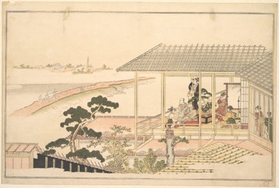 En fest med festglade gæster i et hus i Yoshiwara en måneskinnet nat af Kitagawa Utamaro