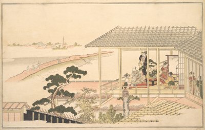 Et parti af glade mennesker i et hus i Yoshiwara på en måneskinsnat, 1789. af Kitagawa Utamaro