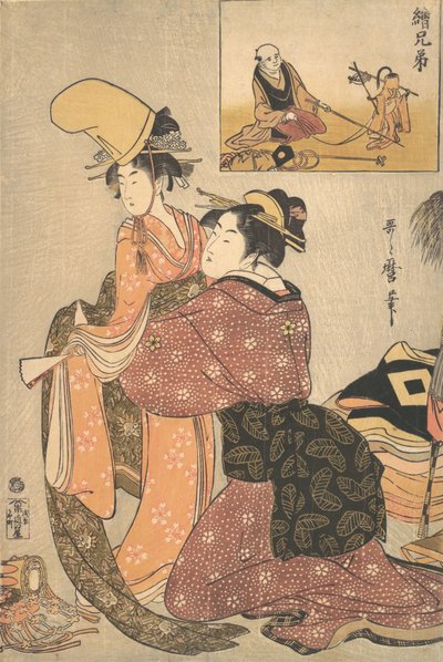En kvinde, der klæder en pige på til en Kabuki-dans "Musume Dojoji..., ca. 1795-96. af Kitagawa Utamaro