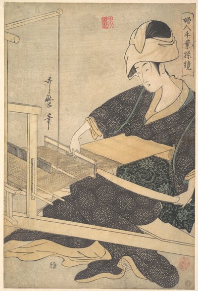 En kvinde, der væver, siddende ved en håndvæv af Kitagawa Utamaro