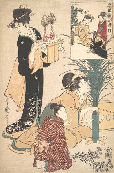 En kvinde og en mand arrangerer blomster til Tsukimi Moon Festival, 1802. af Kitagawa Utamaro