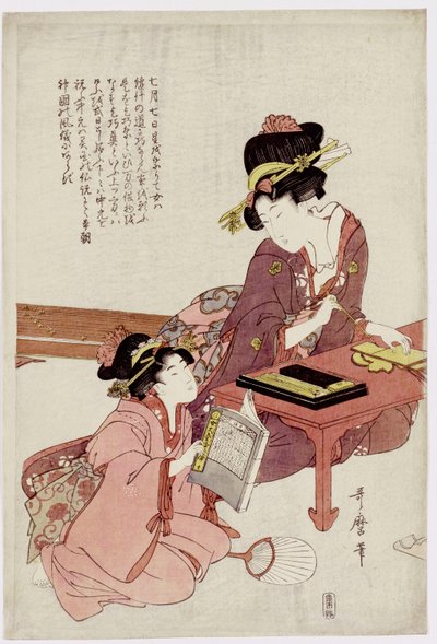 En ung kvinde sidder ved et skrivebord og skriver, en pige med en bog ser på af Kitagawa Utamaro