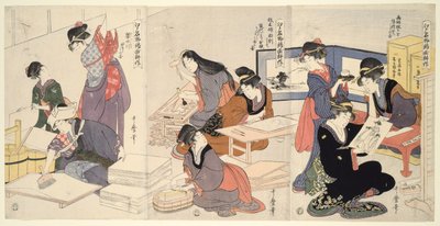 Kunstner, Block Carver, Applying Sizing (Eshi, hangashi, dosa-biki), fra serien The Cultivation of Brocade Prints, a Famous Product of Edo (Edo meibutsu nishiki-e kosaku) af Kitagawa Utamaro