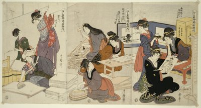 Kunstner, Block Carver, Applying Sizing, fra serien The Cultivation of Brocade Prints, A Famous Product of Edo, ca. 1803 af Kitagawa Utamaro
