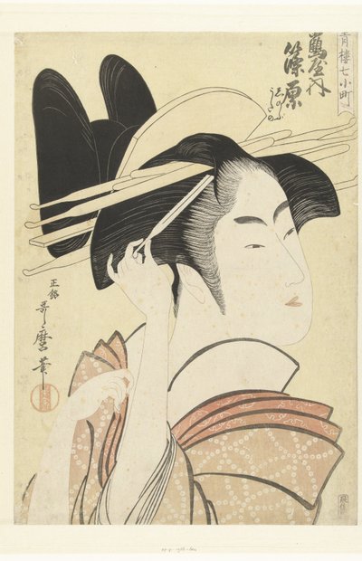 Busteportræt af kurtisanen Shinowara fra Tsuruya-huset. Tsuruya uchi Shinowara (titel på objekt) De syv Komachi fra lysthusene (serietitel) Seiro nana Komachi (serietitel på objekt) af Kitagawa Utamaro